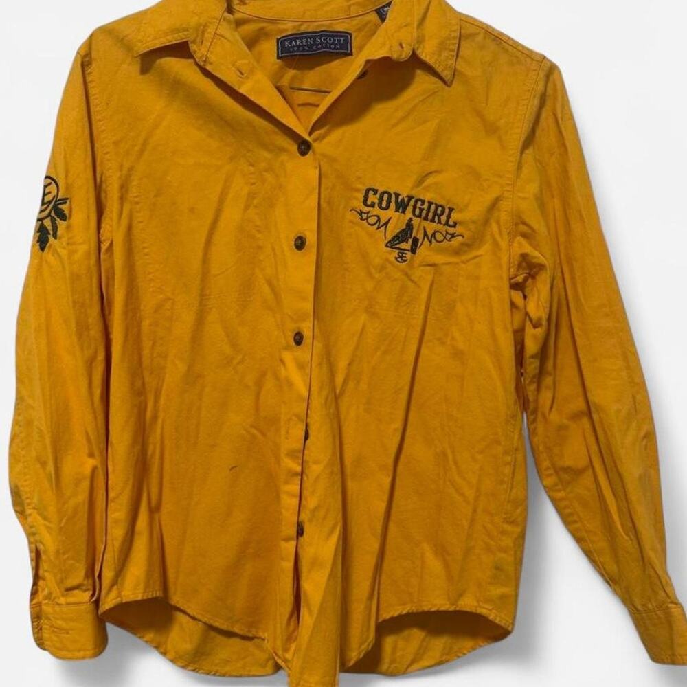 Karen Scott Cowgirl Embroidered Cotton Button Down Shirt S Mustard